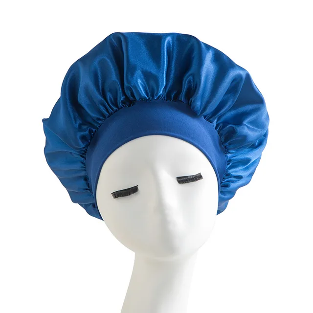 Wide brimmed High Elastic Headscarf Beauty Salon Shower Cap Care Satin Nightcap Sapphire Blue - Shop at LoveMi