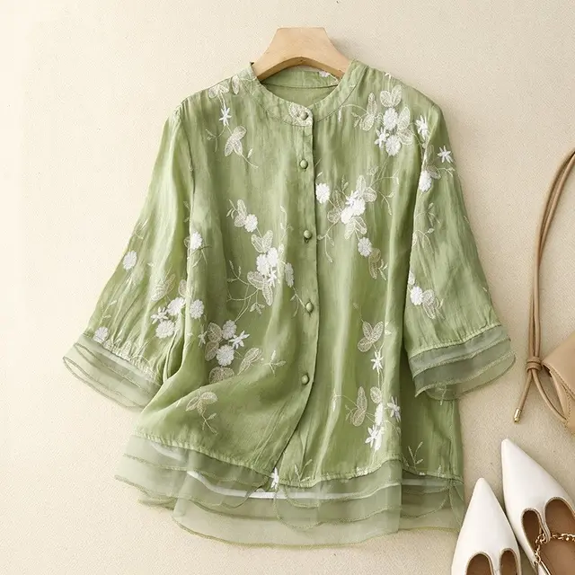 Artistic Retro Heavy Industry Embroidered Cotton And Linen Top Green - Shop at LoveMi