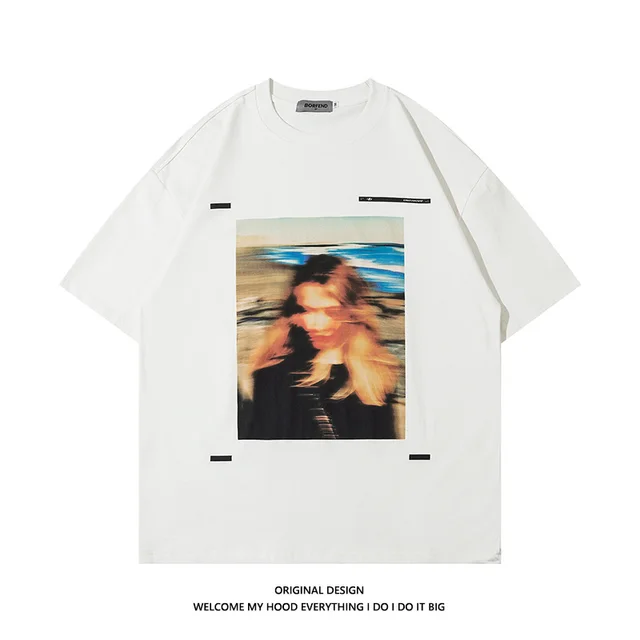 American Retro Portrait Printing Loose Plus Size Short Sleeve White - Shop at LoveMi