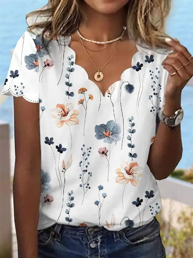Women's Summer Sexy Shell Collar Floral T shirt White - Shop at LoveMi