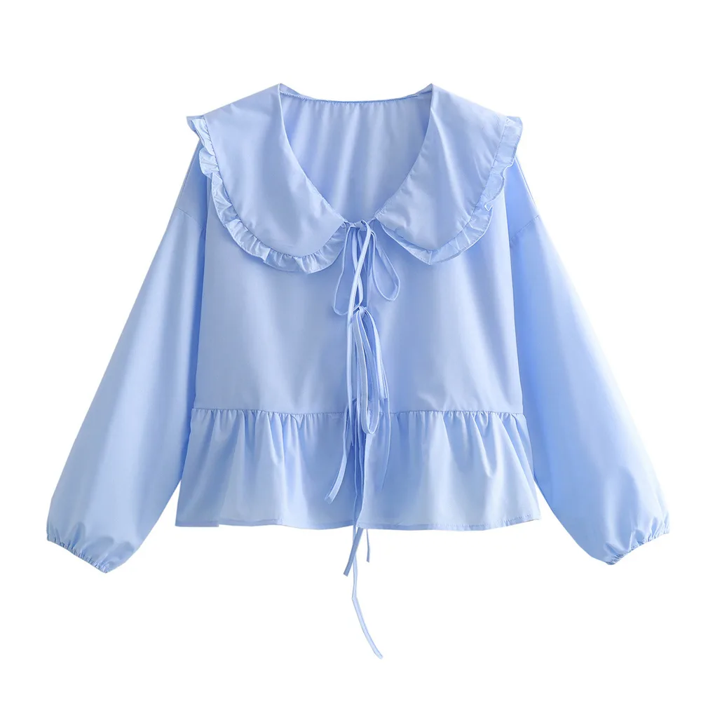 Women's Clothing 3 color Doll Collar Lace Shirt Light Blue - Shop at LoveMi