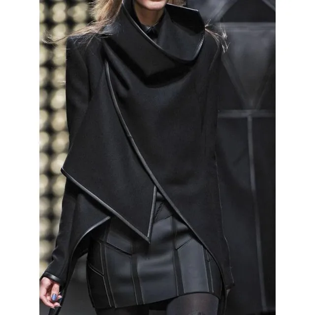 Lapel Woven Asymmetric Split Turtleneck Wool Overcoat Black - Shop at LoveMi