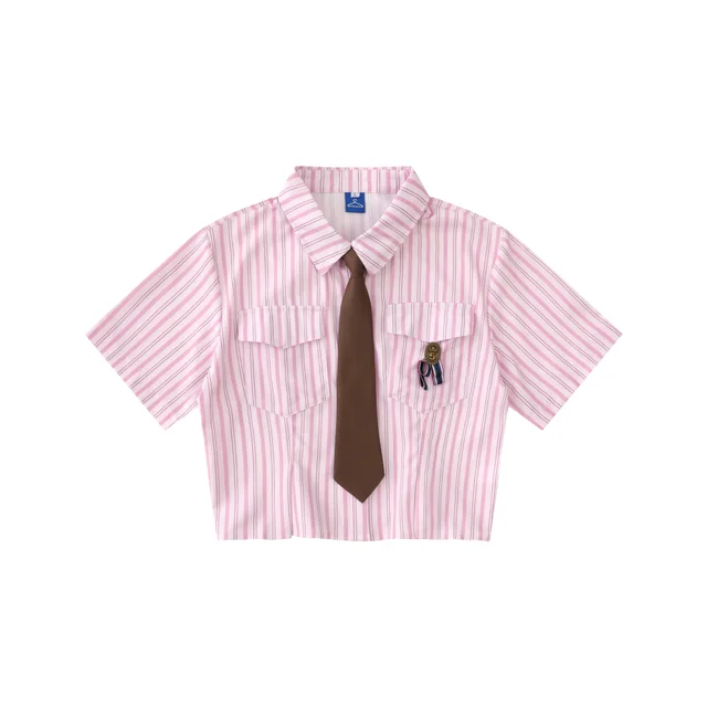 Japanese College Style Striped Tie Short Shirt Pink - Shop at LoveMi