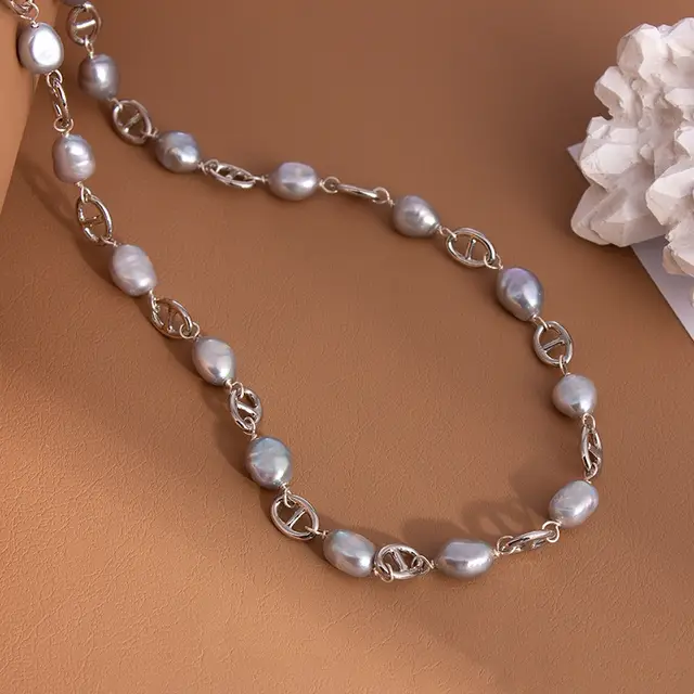 Natural Freshwater Gray Baroque Pig Nose Pearl Necklace Necklace - Shop at LoveMi