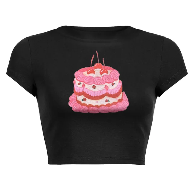 Women's Round Neck Short Short Sleeve T shirt Black Cake - Shop at LoveMi