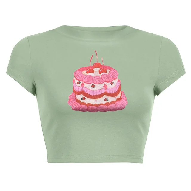 Women's Round Neck Short Short Sleeve T shirt Green Cake - Shop at LoveMi