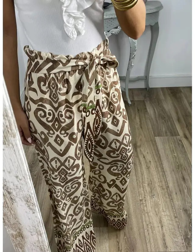 Women's Fashion Printing Belt Loose Casual Trousers Apricot - Shop at LoveMi