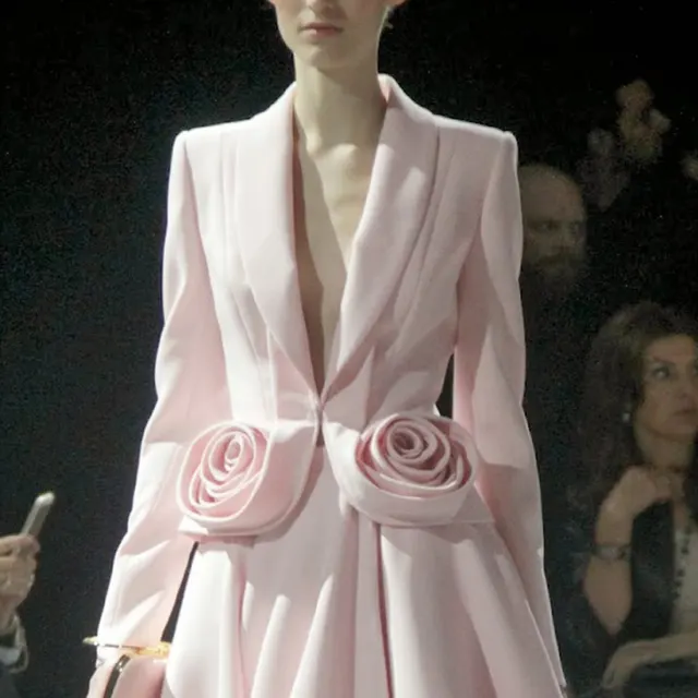 Women's Spring Fashion V neck Three dimensional Rose Splicing Coat Pink - Shop at LoveMi