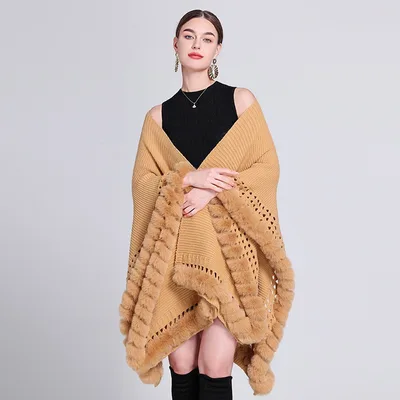 Solid Color Knitted Cape And Shawl Sweater Coat Camel - Shop at LoveMi