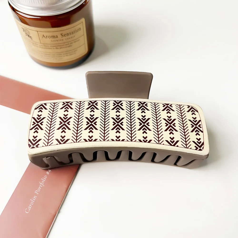 Western Denim Style Fashion Retro Printed Pu Barrettes Dark Coffee Diamond Pattern - Shop at LoveMi