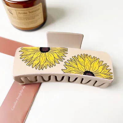 Western Denim Style Fashion Retro Printed Pu Barrettes Light Coffee Sunflower - Shop at LoveMi