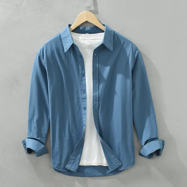 Solid Color Long Sleeve Basic Men's Retro Casual Shirt Lake Blue - Shop at LoveMi