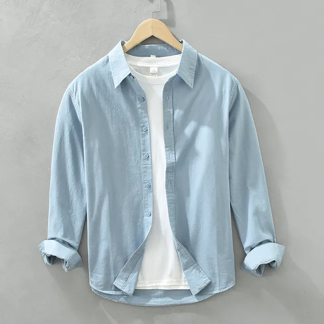 Solid Color Long Sleeve Basic Men's Retro Casual Shirt Light Blue - Shop at LoveMi
