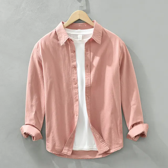 Solid Color Long Sleeve Basic Men's Retro Casual Shirt Rose Red - Shop at LoveMi
