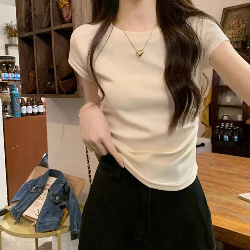 Solid Color Pleated Slim-fit Irregular Design Short Round Neck Top - Apricot
