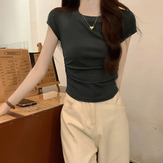 Solid Color Pleated Slim fit Irregular Design Short Round Neck Top Black - Shop at LoveMi