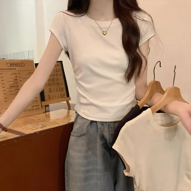 Solid Color Pleated Slim fit Irregular Design Short Round Neck Top White - Shop at LoveMi
