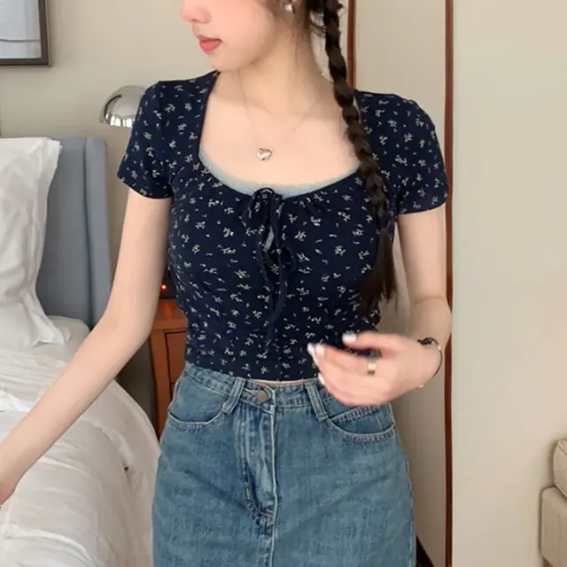Gentle Design Sense Niche Pure Desire Lace up Square Collar Short Sleeve T shirt Female Summer New Floral Short Bottoming Top Blue - Shop at LoveMi