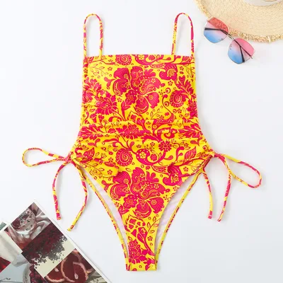 Vacation Style Drawstring Slimming Sexy One Piece Swimsuit Floral 1 - Shop at LoveMi