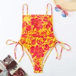 Vacation Style Drawstring Slimming Sexy One Piece Swimsuit - Floral 1 - View 1