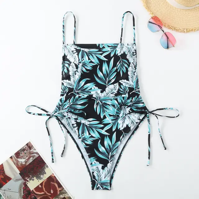 Vacation Style Drawstring Slimming Sexy One Piece Swimsuit Floral 3 - Shop at LoveMi