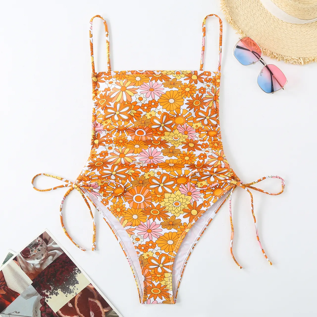 Vacation Style Drawstring Slimming Sexy One Piece Swimsuit - Flower Color 2 - View 1