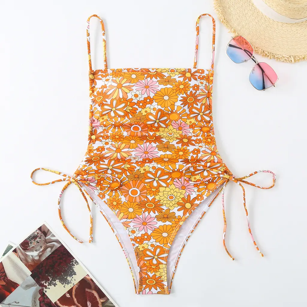 Vacation Style Drawstring Slimming Sexy One Piece Swimsuit - Flower Color 2