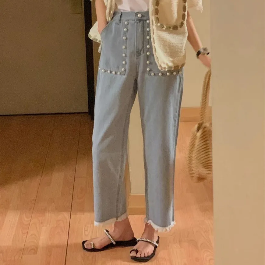 Design Pearl Pocket Elastic Waist Jeans Light Blue - Shop at LoveMi