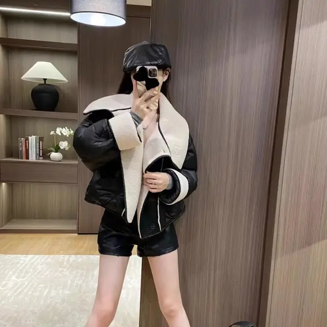 Maillard Lapel Short PU Stitching Loose Thick New Down Jacket Black - Shop at LoveMi