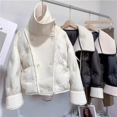 Maillard Lapel Short PU Stitching Loose Thick New Down Jacket White - Shop at LoveMi