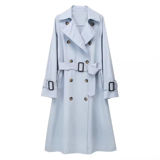 Women's Loose Long Trench Coat And Overcoat With Strap Light Blue - Shop at LoveMi
