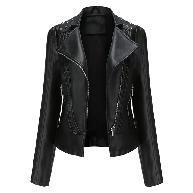 Beaded Leather Women's Long sleeved Fashion Jacket Lapel Motorcycle Clothing Thin Women's Jacket Black - Shop at LoveMi