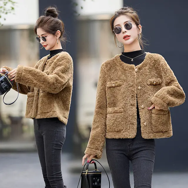 Small Lamb Wool Coat Women's Short Thickened Fur Integrated Top Fashion Brown - Shop at LoveMi