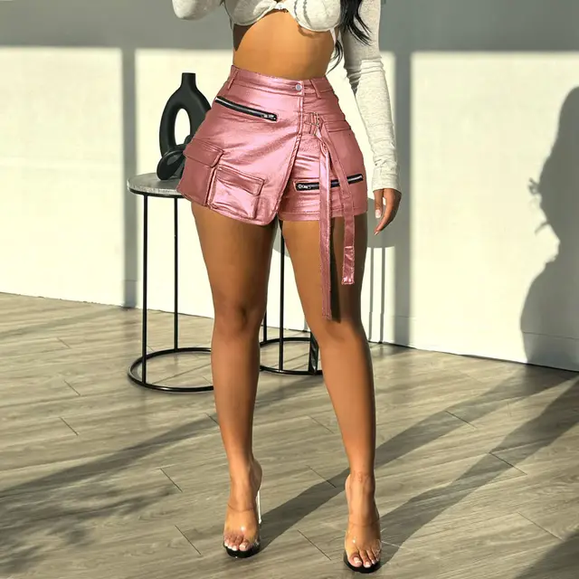 Women's Summer High Elastic Multi pocket Workwear Shorts Rose Gold G0659 - Shop at LoveMi