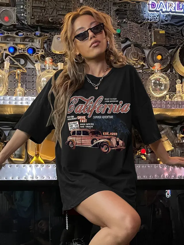 Printed T shirt Simple Round Neck Short Sleeve Ladies Black - Shop at LoveMi