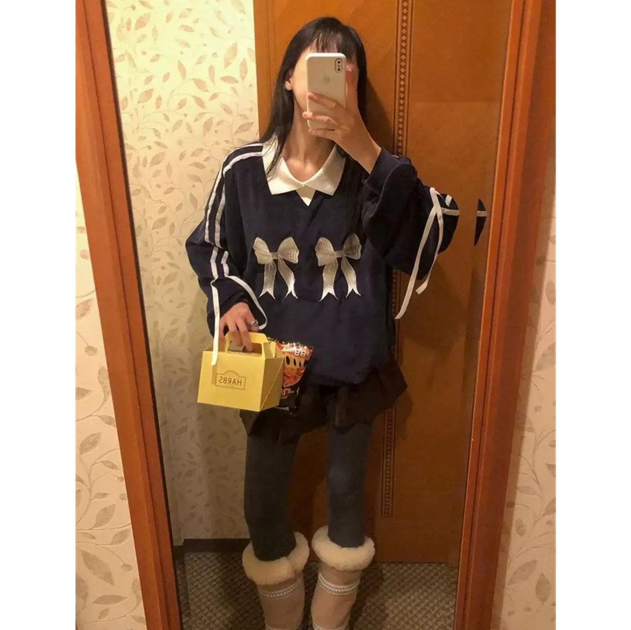 Women's Retro Contrast Color Bow Embroidered Ribbon Striped Sweater - View 1
