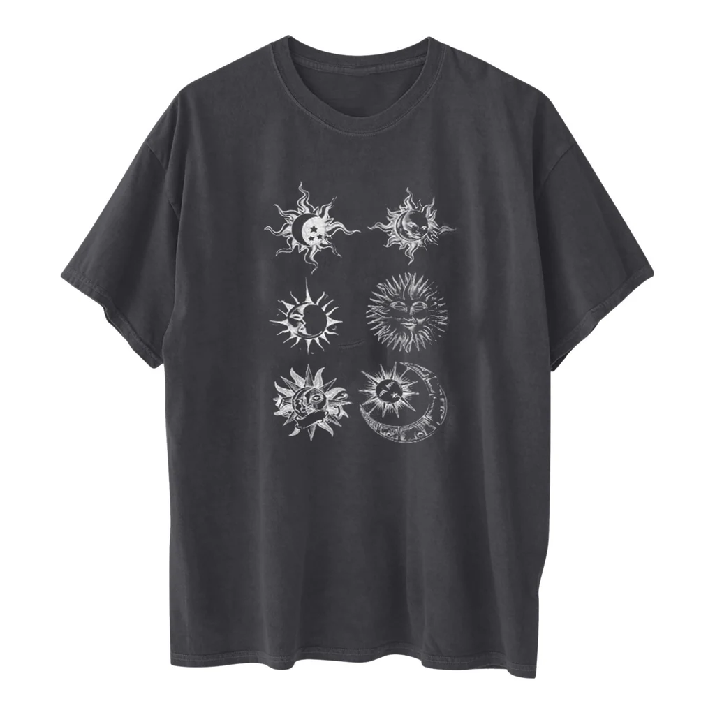 Printed Round Neck Short Sleeve Sun Moon Sun Moon Printed Top Women's T-shirt - A Gray