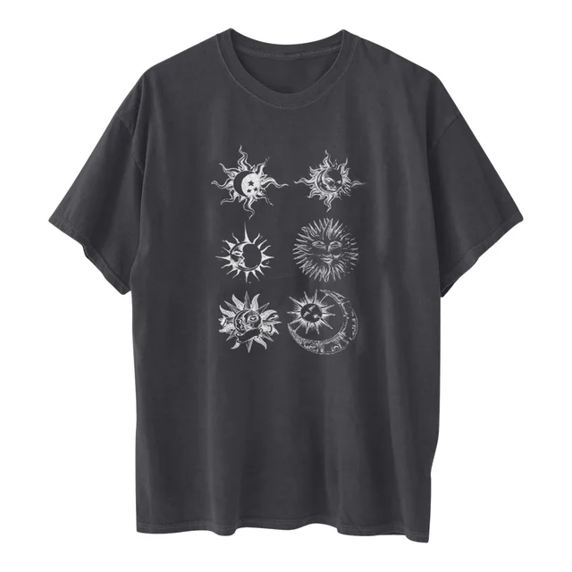 Printed Round Neck Short Sleeve Sun Moon Sun Moon Printed Top Women's T shirt A Gray - Shop at LoveMi