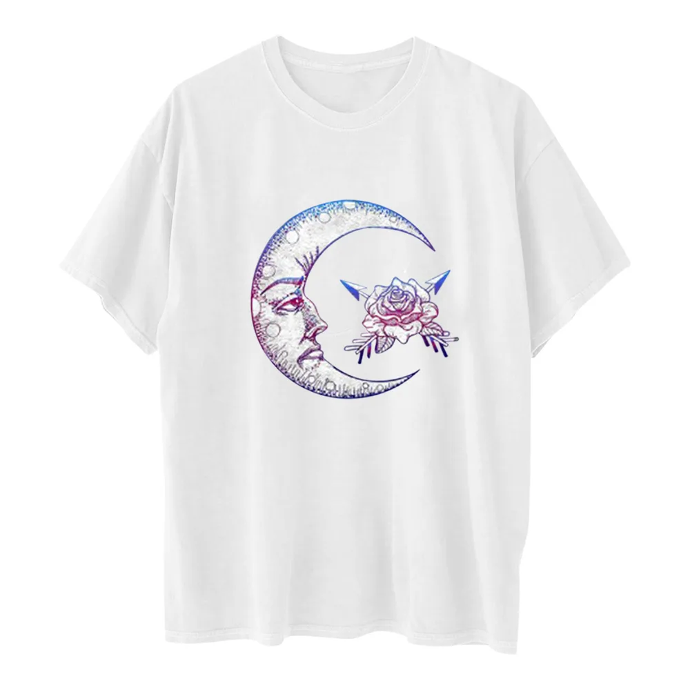 Printed Round Neck Short Sleeve Sun Moon Sun Moon Printed Top Women's T-shirt - C White