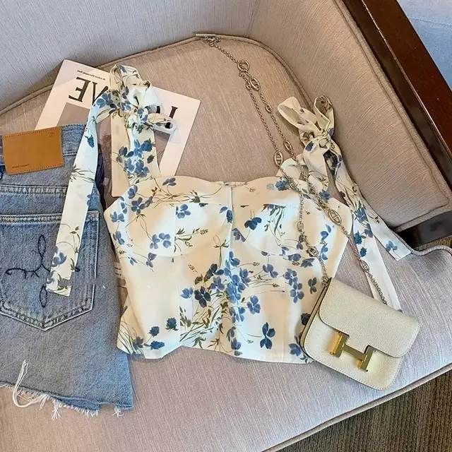 Retro Short Halter Floral Vest Top For Bandeau Sling Women Picture Color - Shop at LoveMi