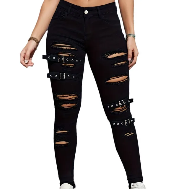 Black Tight Stretch Skinny Trousers Women's Ripped Denim Trousers Black - Shop at LoveMi
