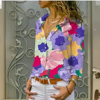 European And American Digital Printed Flowers Lapel Single Breasted Long-sleeved Shirt - Purple