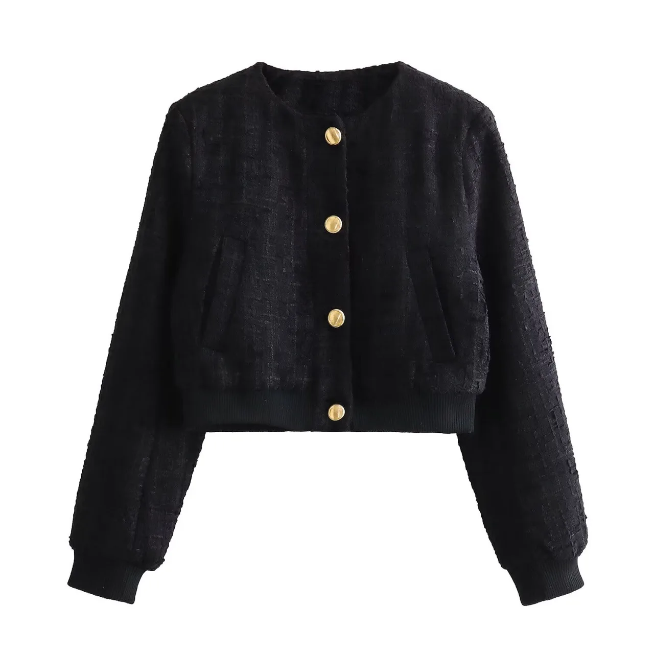Classic Style Texture Short Bomber Jacket Coat - Black