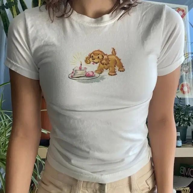 Cute Puppy Printed Slim Top Cropped Round Neck Short Sleeve Pullover White - Shop at LoveMi