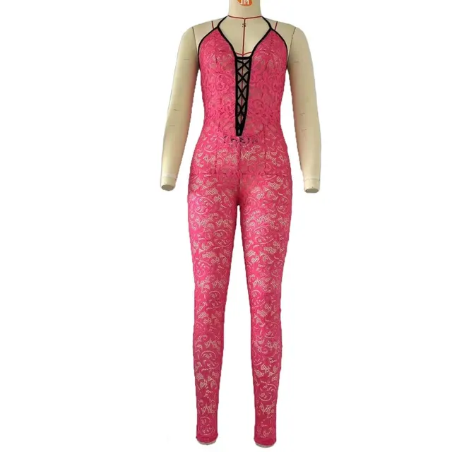 Fashion Hollowed out Contrast Color Suspenders Slim Fit Backless Jumpsuit Rose Red - Shop at LoveMi