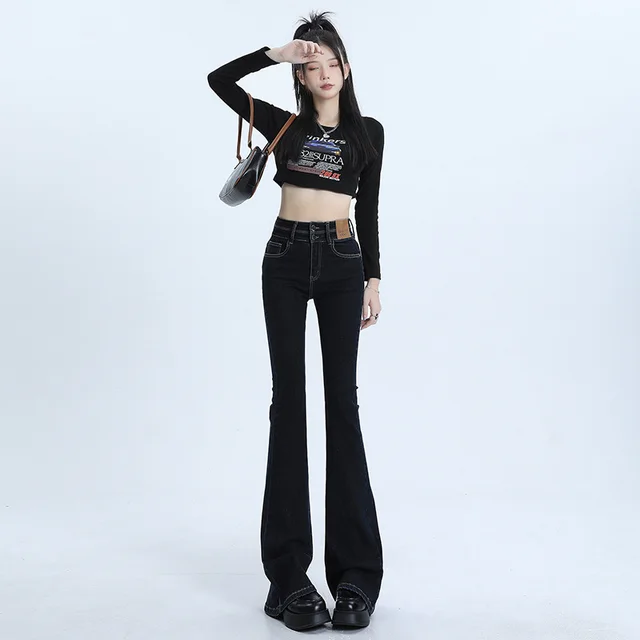 High Waist Slimming Hot Girl Double Buckle Slightly Flared Jeans Women Blue And Gray - Shop at LoveMi
