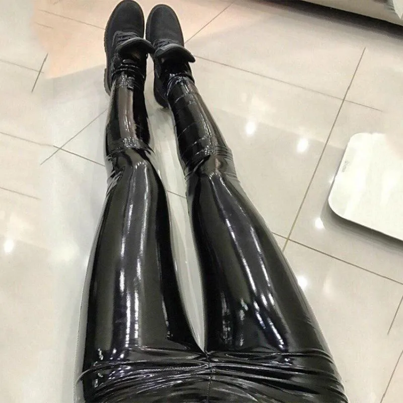 Thin Tight Stretch Patent Leather PU Laser Mirror Leather Pants Black - Shop at LoveMi