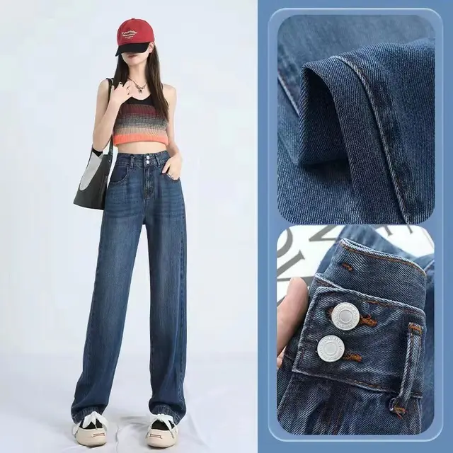 Draping Effect Jeans Women's Thin High Waist Straight Ice Silk Wide leg Pants Retro Blue 160Cmto165Cm - Shop at LoveMi