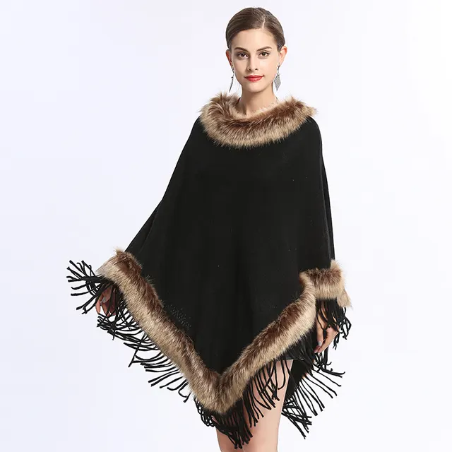 Faux Fox Fur Collar Tassel Pullover Knitting Cape And Shawl Coat Black - Shop at LoveMi