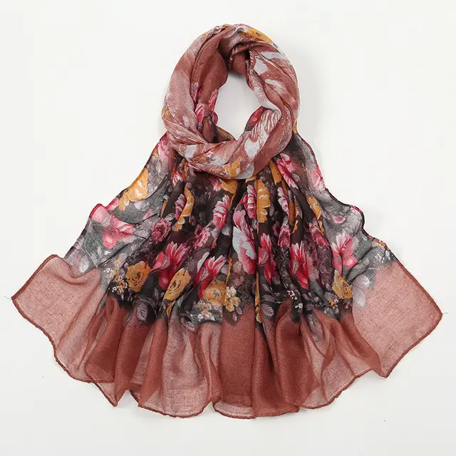 Flower Print Voile Breathable Scarf Women 5 Rust Red - Shop at LoveMi